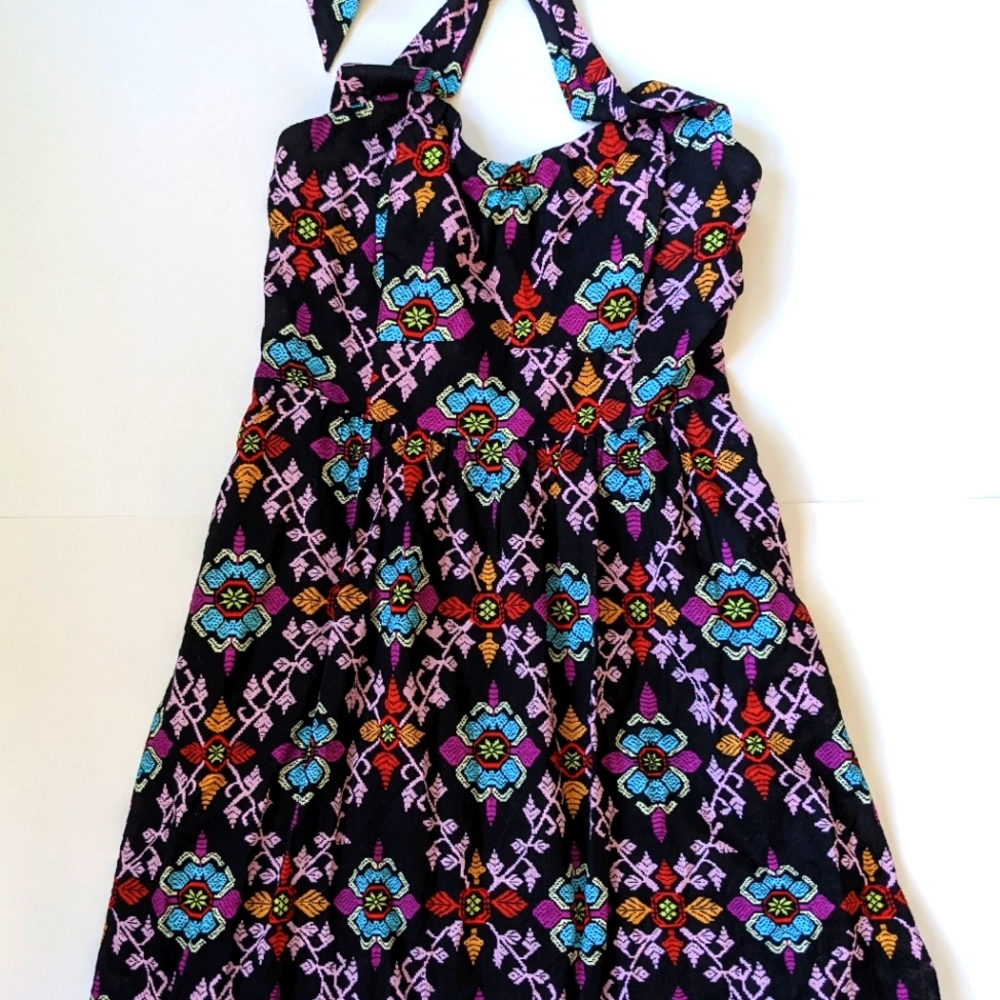Anthropologie Esmie & Esyllte bright fun pattern Halter Sweatheart Dress size 4